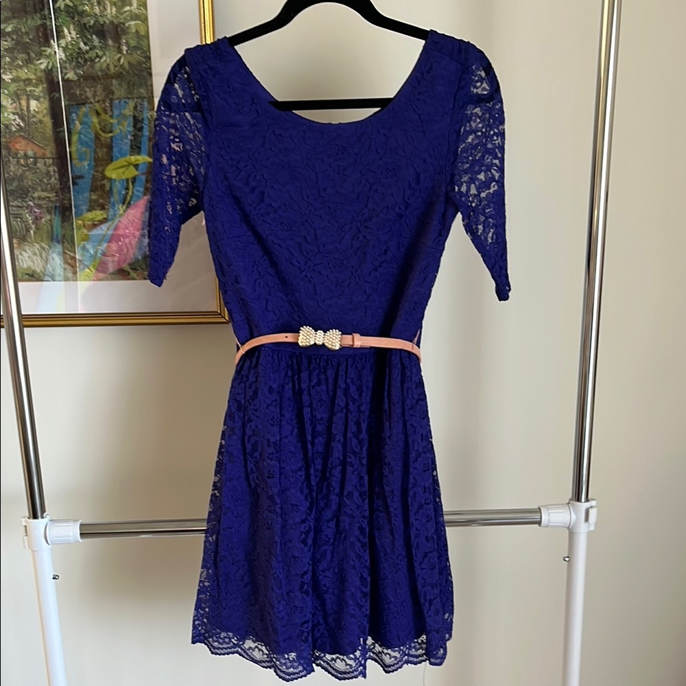 Blue Fit and Flare Mini Dress with Flutter Sleeves